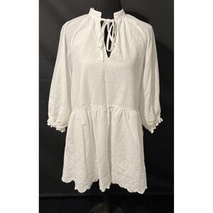 Hudson Gray Dress Womens Medium White Eyelet Tunic‎ Lined Cotton Boho Tie Neck